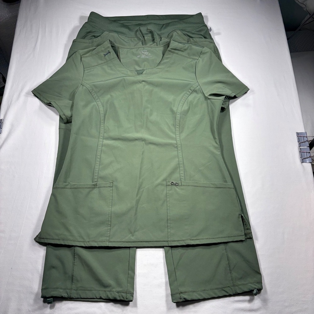 Cherokee Infinity Scrub Set Olive Green V-Neck Top & Petite Cargo Pants Large